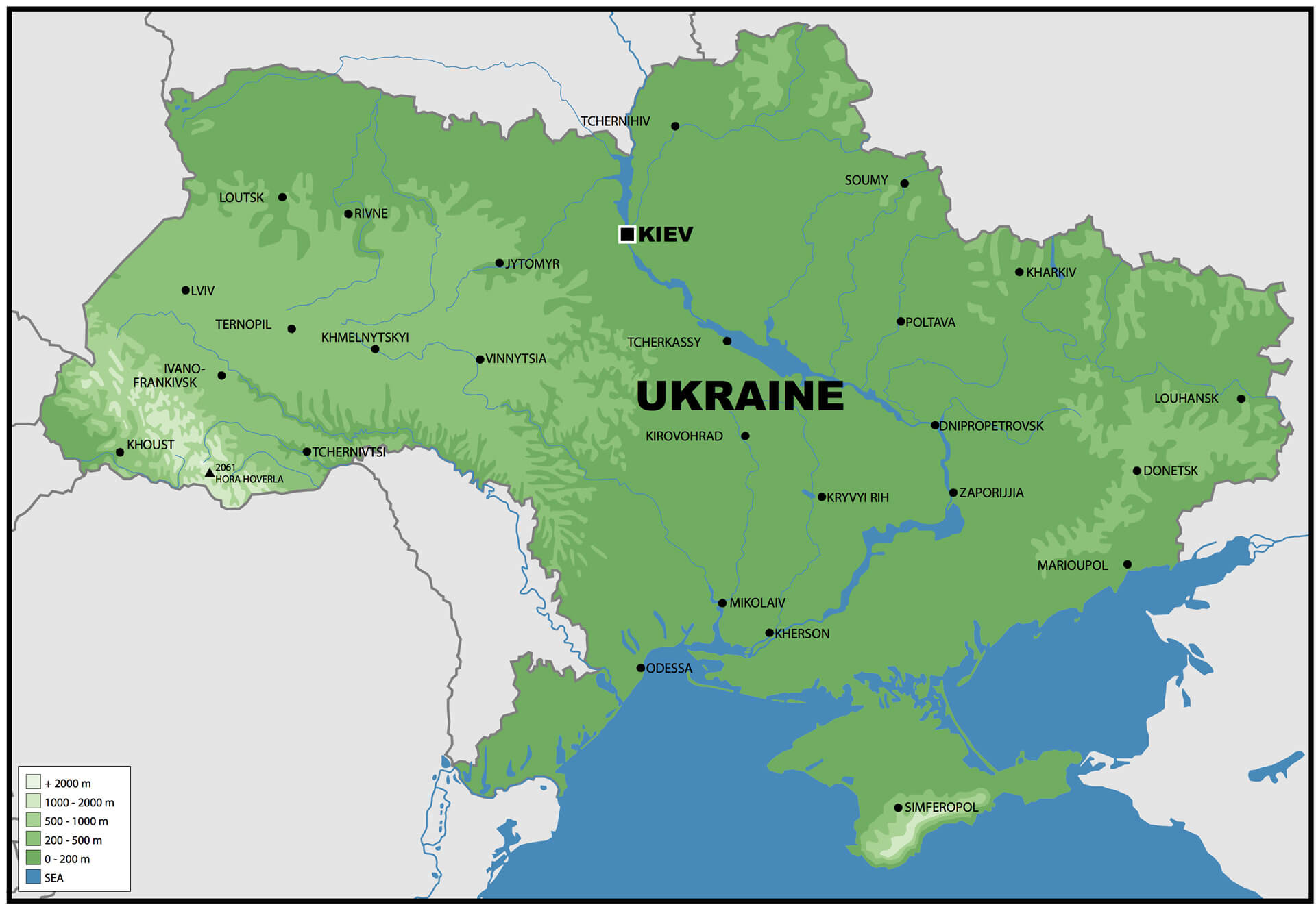 Carte physique de grande taille de l'Ukraine